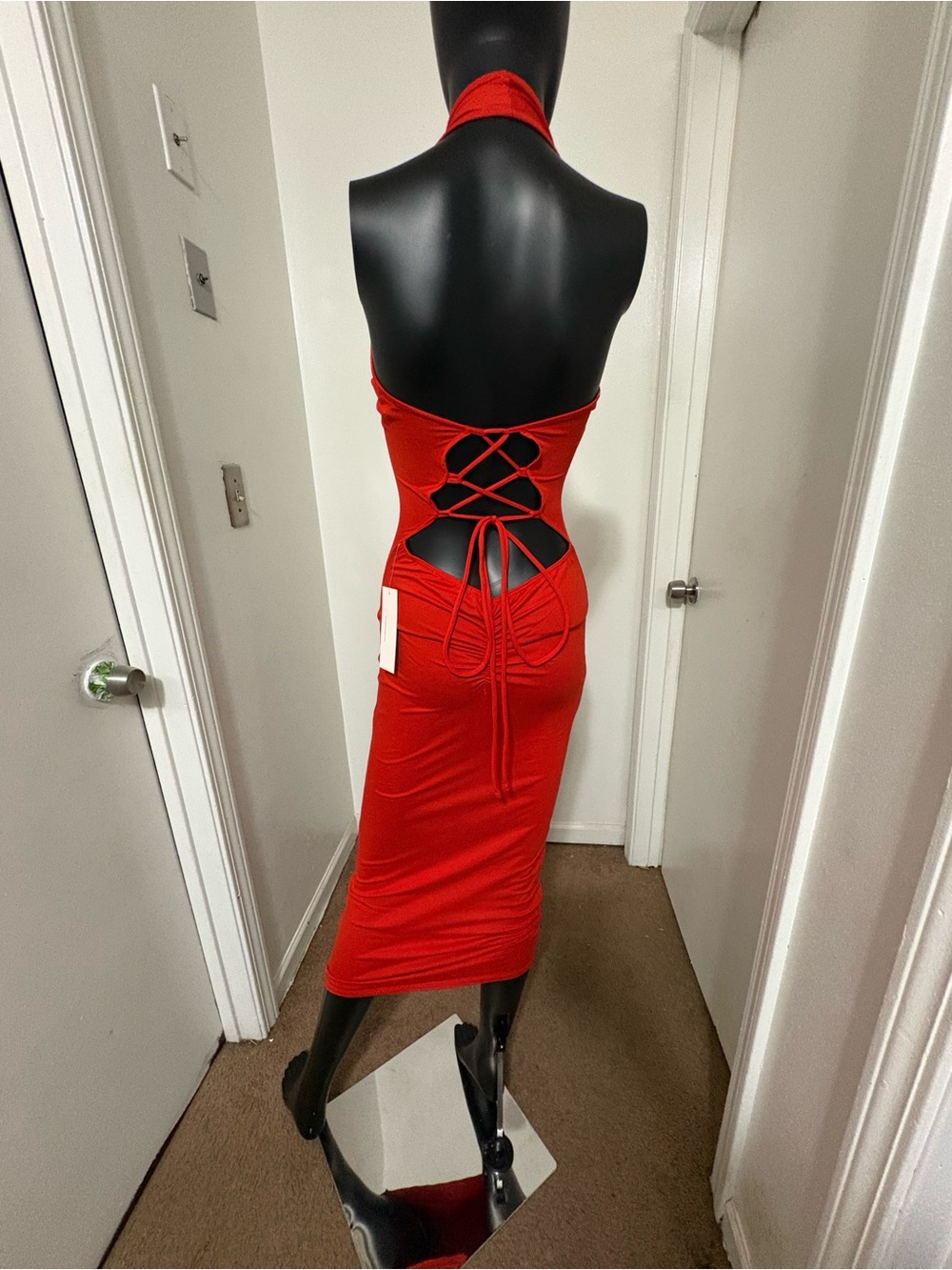 Heart & Hips Red Halter Lace-Up Back Midi Dress NWT Small